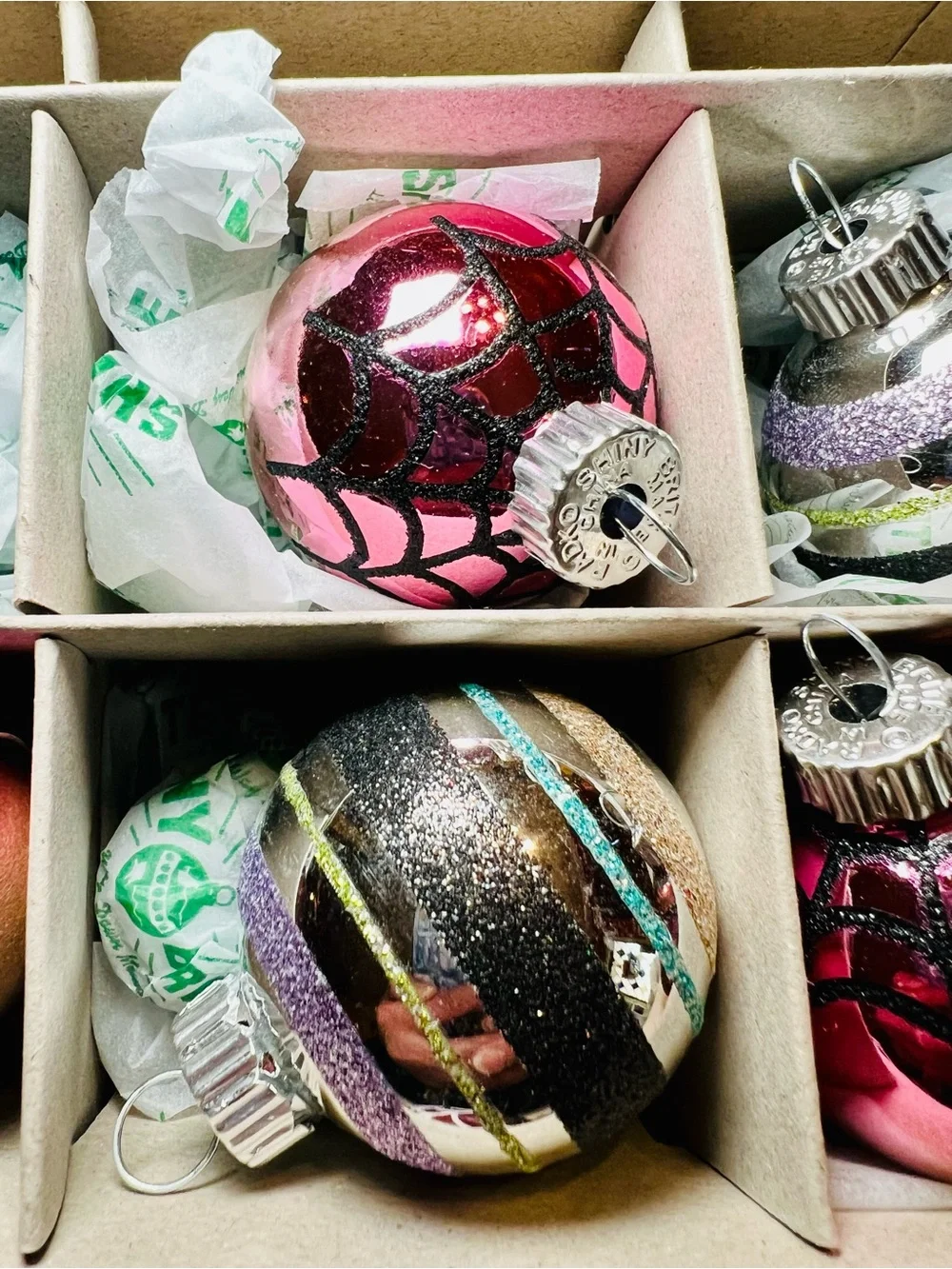 12 Radko Halloween Glass Ball Ornaments Glitter Stripes Pastel Pink Lilac Blue